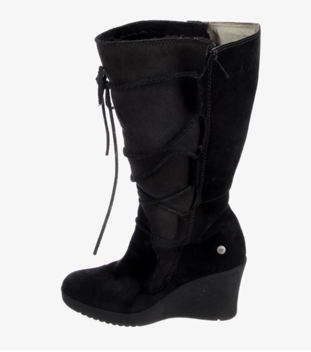 UGG WEDGE TALL Elsey Black Suede Leather Knee High Boots Women’s Size 7